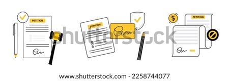 Petition signing process. Public counting of signatures concept. Written paper document signed by numerous individuals. Request to the government official or public entity flat vector illustration.