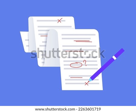 Grammar editing concept. Document with errors and corrections. Page with mistake in text, proofread and spell check. Incorrect writing. Red line marks flat vector illustration for school education.