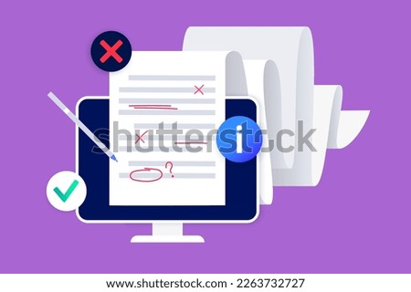 Grammar editing online. Document with errors and corrections. Page with mistake in text, proofread and spell check. Incorrect writing. Red line marks flat vector illustration for school education.