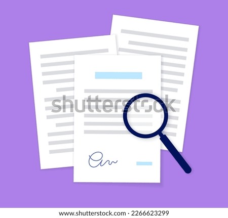Document analysis or audit. Contract review concept. Magnifying glass, page with text. Symbol of information search. Inspection bylaw and legal verification. Proofreading process vector illustration.