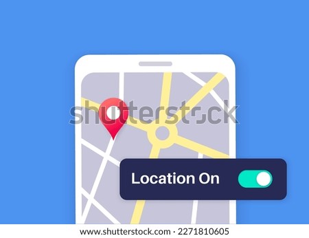Location settings. GPS activation button, on and off toggle. Geolocation mode switch in smartphone. Find position on map. Permission for navigator in electronic devices. Access for geoposition vector