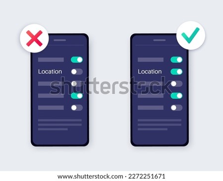 Location settings. GPS activation button, on and off toggle. Geolocation mode switch in smartphone. Find position on map. Permission for navigator in electronic devices. Access for geoposition vector