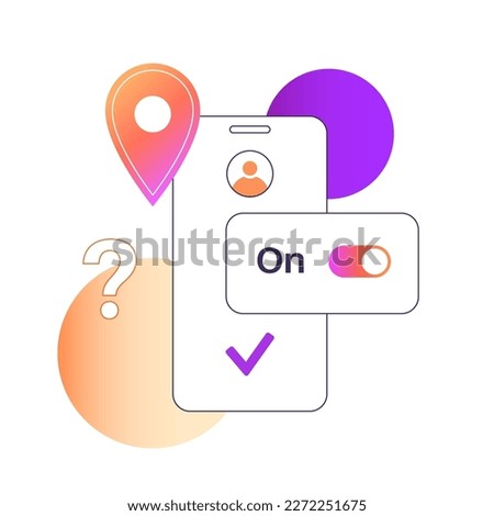 Location settings. GPS activation button, on and off toggle. Geolocation mode switch in smartphone. Find position on map. Permission for navigator in electronic devices. Access for geoposition vector