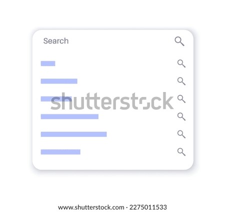 Search bar on a website or app. Dropdown with relevant results, suggestions or popular queries. User can enter keywords to find information. Graphic elements for developers flat vector illustration