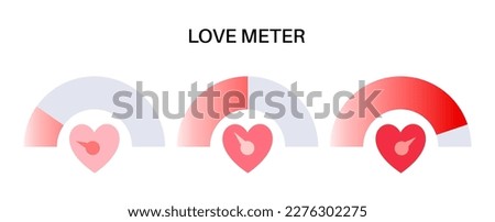 Love meter, valentine day concept. Heart symbol. Scale of relationship satisfaction. Passion measuring, love level. Progress bar of dating. Romance speedometer elements, amour card vector illustration