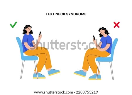 Tech neck or cervical kyphosis posture. Incorrect position for using a smartphone. Neck spasm, pain in spine, stiffness and tightness in shoulders. Cause of hump in male body flat vector illustration.
