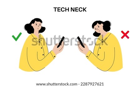Tech neck or cervical kyphosis posture. Incorrect position for using a smartphone. Neck spasm, pain in spine, stiffness and tightness in shoulders. Cause of hump in male body flat vector illustration.