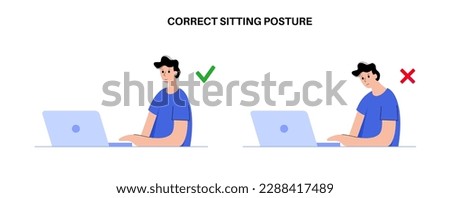 Tech neck or cervical kyphosis posture. Incorrect position for sitting at the computer. Neck spasm, pain in spine, stiffness and tightness in shoulders. Cause of hump in male body vector illustration