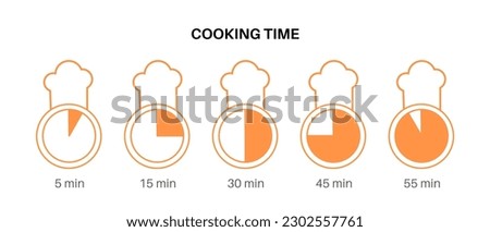 Cooking time concept. Countdown timers with chef hat. Different time on watch. 5, 45 and 55 minutes icons, quarter and half of hour. Stopwatch concept. Counter for kitchen, flat vector illustration
