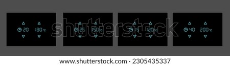 Setting time for timer and temperature in degrees Celsius for cooking food in the oven. Control panel with up down sensor buttons. Ui for electro gadgets in kitchen. Vector illustration, black mode