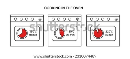 Cooking in the oven concept. Recipe for baked dishes. Different temperatures and alarm times. 25, 40 and 55 minutes, 150, 180 and 220 celsius degrees. Kitchen timer outline flat vector illustration