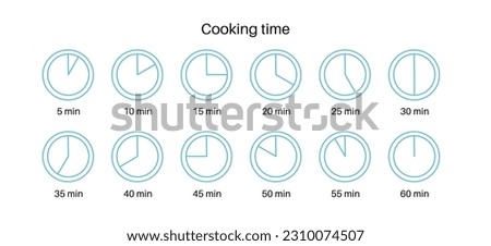 Cooking time concept. Countdown timers collection. Different time on watch.5, 10, 15, 20 minutes icons, quarter, half and whole hour. Stopwatch concept. Counter for kitchen, flat vector illustration
