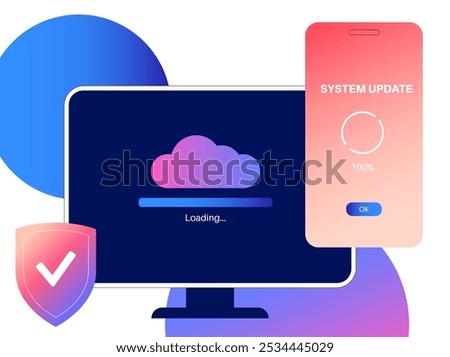 System update enhances performance. Stability and security by fixing bugs and adding new features for smartphone and PC. App updates are downloaded from cloud, easy installation vector illustration