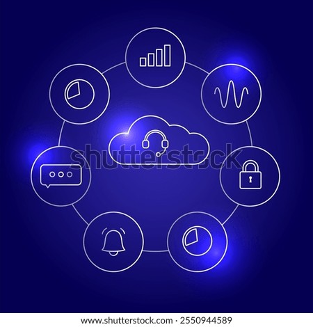 Cloud Contact Center Automation. Scheme with AI, chatbots and workflow optimization. Enhance customer support, streamline processes, reduce response time. Modern business concept vector illustration