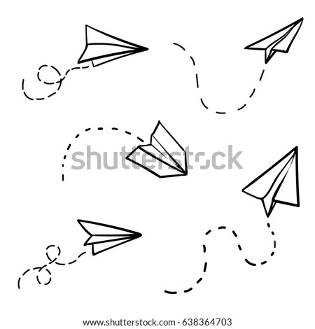 Vector paper airplane. Travel, route symbol. Set of vector illustration of hand drawn paper plane. Isolated. Outline. Hand drawn doodle airplane. Black linear paper plane icon.