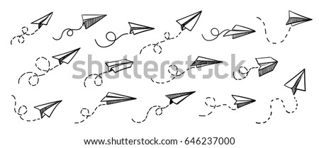 Vector paper airplane. Travel, route symbol. Set of vector illustration of hand drawn paper plane. Isolated. Outline. Hand drawn doodle airplane. Black linear paper plane icon.