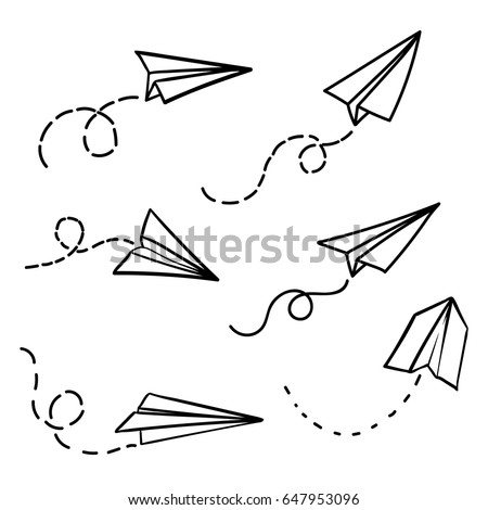 Vector paper airplane. Travel, route symbol. Set of vector illustration of hand drawn paper plane. Isolated. Outline. Hand drawn doodle airplane. Black linear paper plane icon.