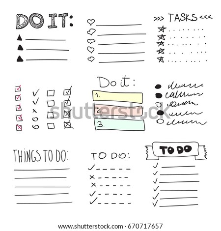 Collection of vector isolated outline hand drawn check to do list, bullet, check mark and check box in a doodle sketch cartoon style. Set of paper note with task plan.