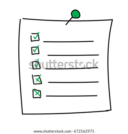 Vector isolated outline hand drawn check to do list, bullet, check mark and check box in a doodle sketch cartoon style. Paper note with task plan with pin.