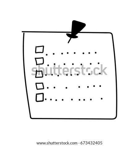 Vector isolated outline hand drawn check to do list, bullet, check mark and check box in a doodle sketch cartoon style. Paper note with task plan with pin.