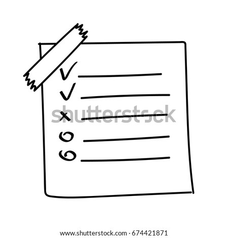 Vector isolated outline hand drawn check to do list, bullet, check mark and check box in a doodle sketch cartoon style. Paper note with task plan with tape.