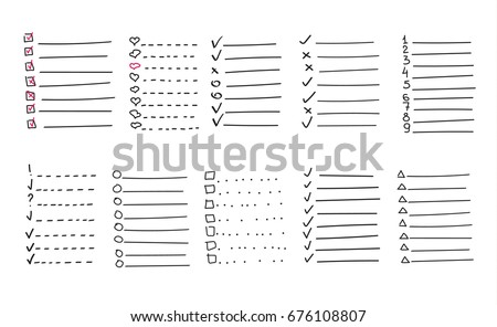 Collection of vector isolated outline hand drawn check to do list, bullet, check mark and check box in a doodle sketch cartoon style. Set of paper note with task plan.