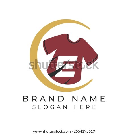 Letter E Logo Concept With T-Shirt. Alphabet E garments moon face icon design