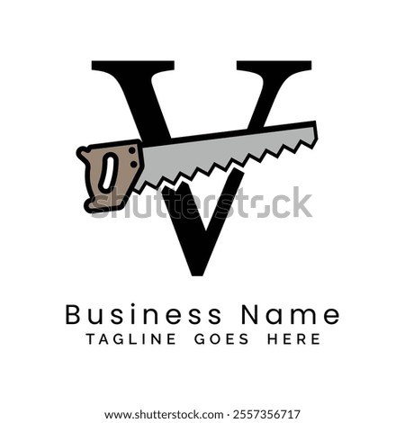 Letter V handsaw logo. Alphabet V woodwork and carpentry icon