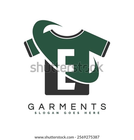 Letter E T-Shirt Logo with round Concept. Alphabet E garments moon face icon design