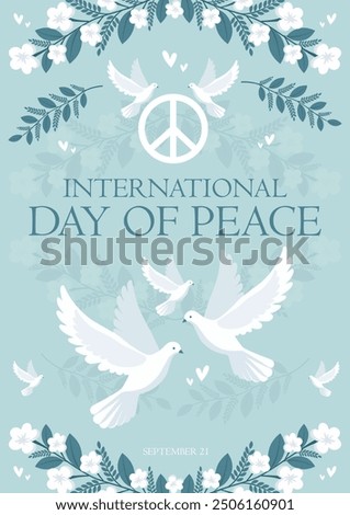 Flowers and Doves for International Peace Day flyer design in pastel colours