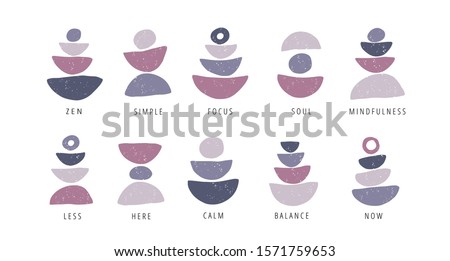 Focus, pause, moment flat vector posters set. Motivational drawings collection isolated on white background. Creative print, t shirt design element. Balance, harmony and wellbeing concept