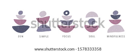 Focus, zen, simple, mindfulness flat vector posters set. Motivational drawings collection isolated on white background. Creative print, t shirt design element. Balance, harmony and wellbeing concept Stok fotoğraf © 