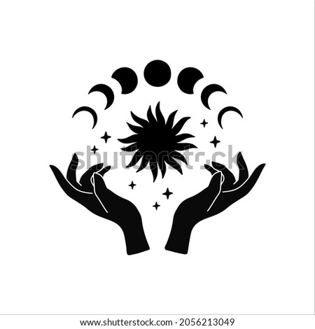 Contemporary art with witch hands and moon phases. Hand drawn boho vector illustration with mystical astrology symbol. Bohemian poster, magic cards, celestial tattoo, logo, print for shirt