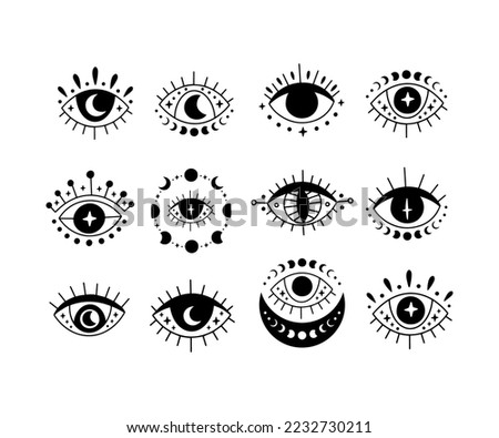 Mystical spiritual evil eye vector illustration set. Hand drawn eye with moon phase. Witchcraft, occult third eye, esoteric clipart. Decorative voodoo symbol. Karma element for tarot, tattoo, logo.