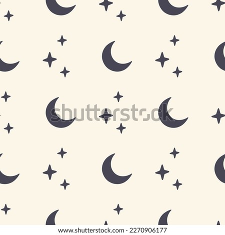 Vector seamless pattern with moon and stars on beige background. Mystical illusrtation. Print for magical digital paper, fabric, wrapping, baby clothes.