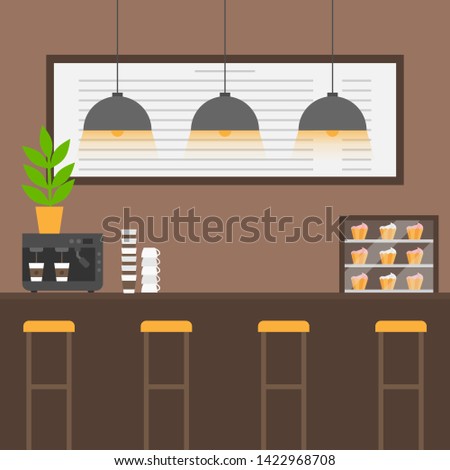 Flat coffee house interior. Barista machine, cappuccino maker. Cafe and bar equipment