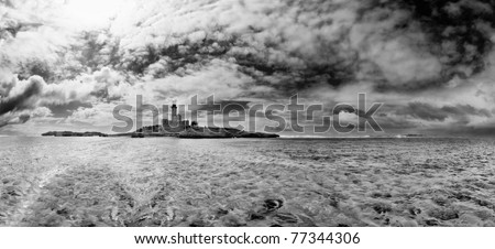 lighthouse sea ocean wave clouds seascape panorama black & white