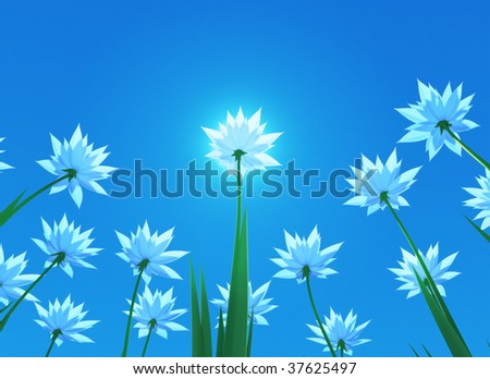 3D render - blue flowers with view form below. Spring theme.