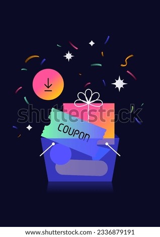 Coupon and gift box in the shopping basket.