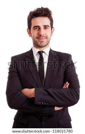Portrait of a smiling young business man, isolated on white background