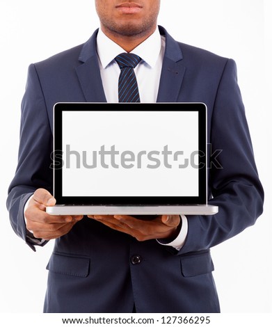 African American business man with a laptop computer isolated over a white background
