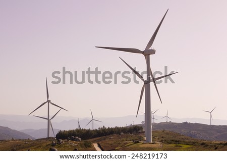 Windmills at windfarm - renewable electric energy production