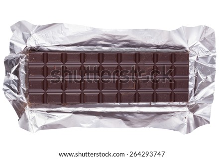Dark chocolate bar in opened foil wrapping, isolated on white background