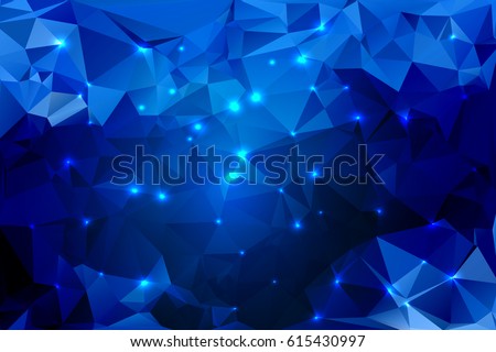 Blue shades abstract low poly geometric background with defocused lights