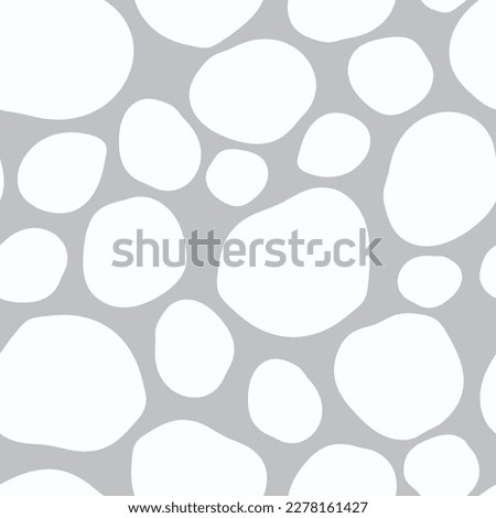 Vector silver gray seamless pattern: Lane. The white shapes of scattered big and small stones forming a simple yet elegant pattern on a silver gray background. Part of Hail In The Fields collection.