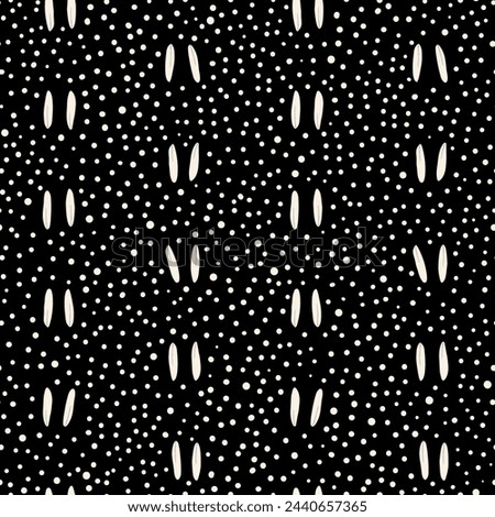 Vector seamless pattern background: Walking In Pairs. White seeds in pairs lying almost like animal tracks among an ocean of tiny white dots. Part of Les Petites collection.