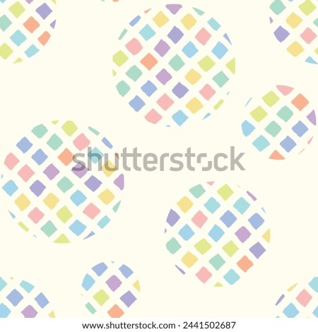 Vector seamless pattern: Diamond Spheres. Lumpy pastel diamonds filling circles of different sizes which are hovering over a creme white background. Part of Pastel Mosaic collection.