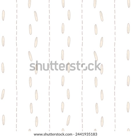 Vector seamless pattern background: Trickling Seeds. Off-white grain trickling down among red dashed vertical lines . Part of Les Petites collection.