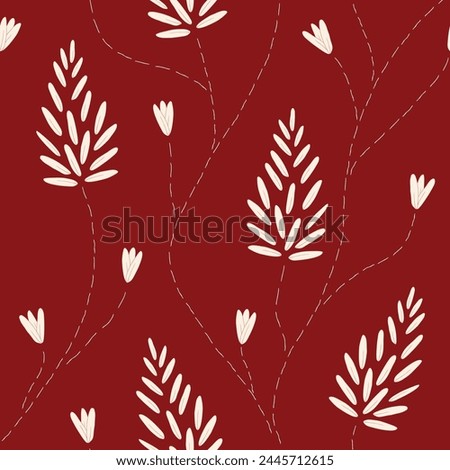 Vector seamless pattern background: Big Seedflowers. Big off-white flower panicles and buds climbing upwards on a dark red background. Part of Les Petites collection.