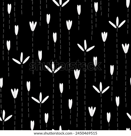 Vector seamless pattern background: Sprouting At Night. White flowers and buds with delicate dashed line stems standing quietly on a black background. Part of Les Petites collection.